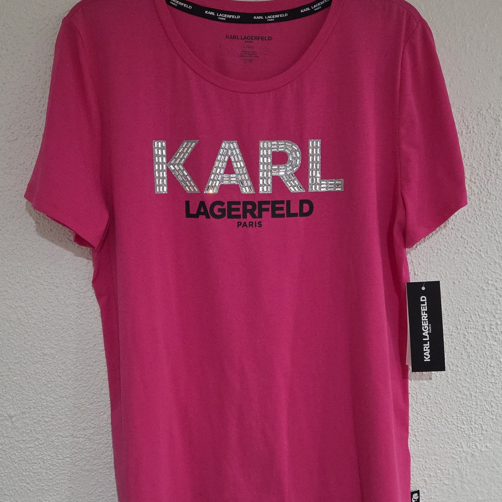 Karl Lagerfeld Paris. Pink T-Shirt With Bling. Sz L. NEW